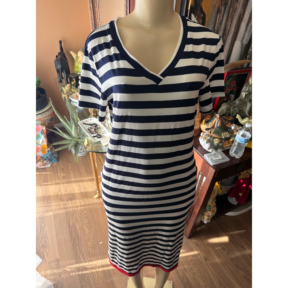 Dokotoo Womens Navy White Striped V-Neck Midi T-Shirt Dress with Pockets NWT